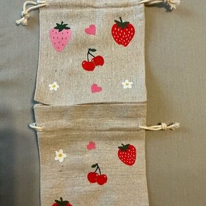 Kids Drawstring Pouch Set with Strawberry & Cherry Print - Pink & Red
